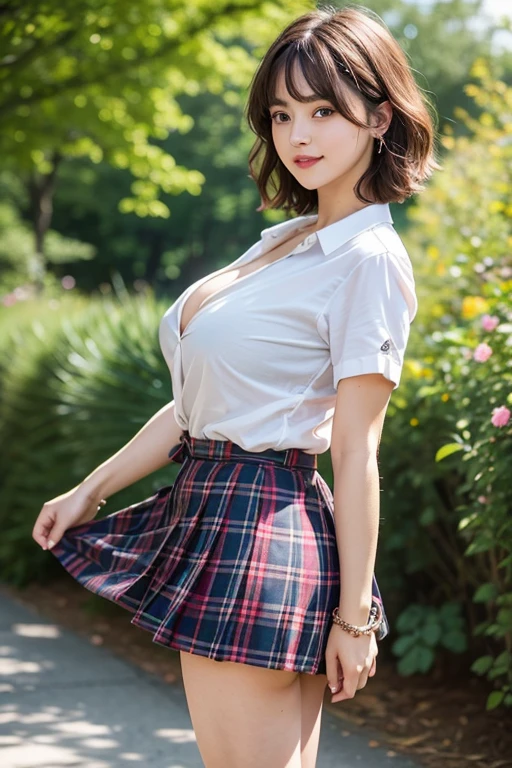 NSFW, 8k RAW photo, highest quality, masterpiece, ultra high resolution, film grain, movie, 1 girl, looking at the viewer, natural skin texture, Realistic eye and face details, full lips, lipstick, (compensate), red eyeshadow, fluffy short hair, messy hair, smile, close your mouth, beautiful foot, tall woman, skinny, slim_foot, alone, huge breasts, cleavage, buttを自分に向けたポーズ, super short skirt, butt, shirt, beautiful natural location, around flowers location, (detailed background), plaid skirt, white shirt, huge breasts, cleavage, Show a little cleavage through the shirt, loafers, blurry background, blurry, holding, plaid, short sleeve, jk ribbon on the neck, jk ribbon, brown hair, bracelet, water, bangs, , jewelry, parted lips, lips, From the side, pleated skirt, Depth of the bounds written