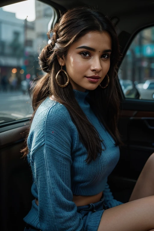 cinematic film still a Indian woman smiling with long hair and a colord sweater, !updo hair, sexy girl with dark brown hair, stylized make-up on face, giant earrings, , portrait of demi rose, brown hair in two buns, ad image, blue lips, stunnig, bulgari, a beautiful teen-aged girl, russian features . shallow depth of field, vignette, highly detailed, high budget, bokeh, cinemascope, moody, epic, gorgeous, film grain. Sitting in a backseat of taxi 