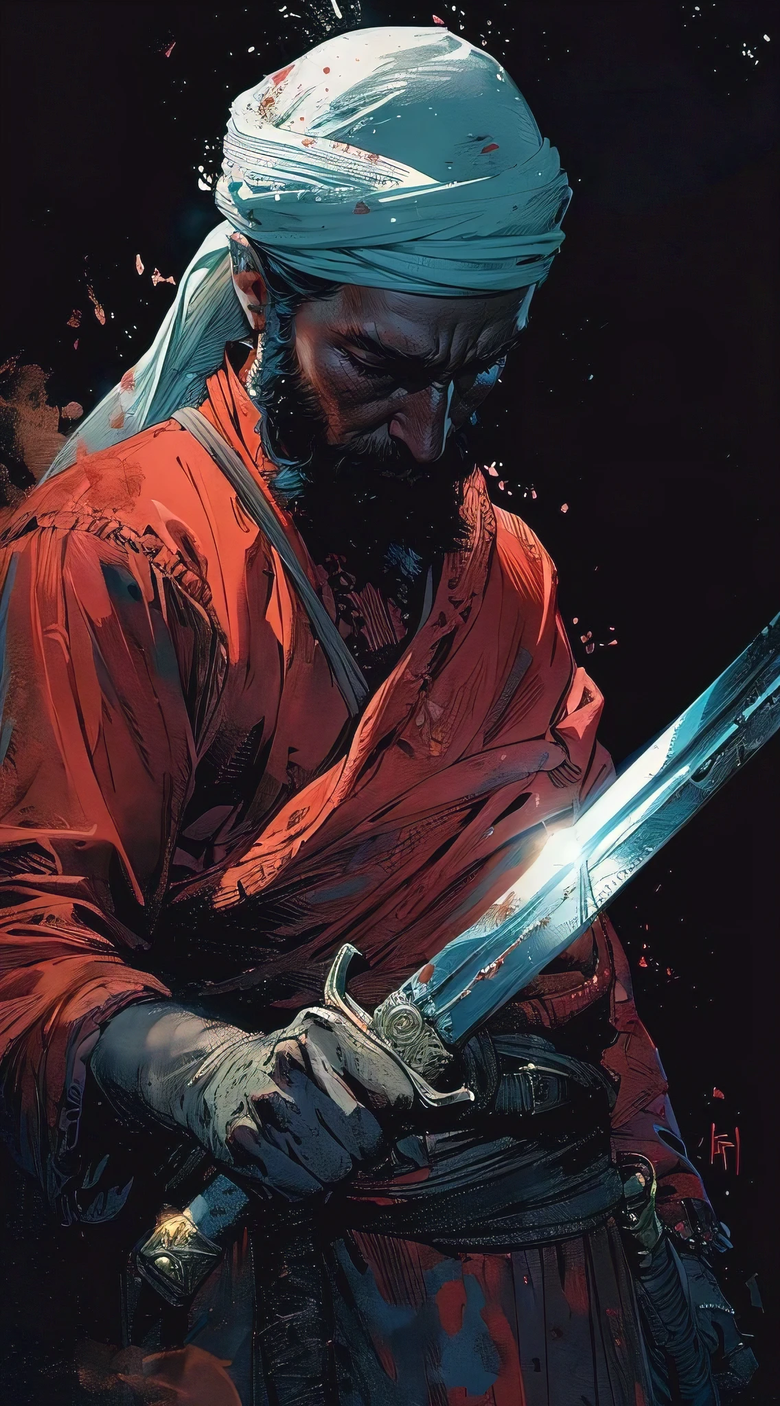 (best quality, masterpiece:1.2), A vivid 2D comic illustration showcasing a Muslim warrior honing his sword with precision and focus. Set against a deep black background, the scene captures the warrior in a moment of quiet determination and skill. His attire reflects traditional warrior garb, detailed and authentic, highlighting his cultural heritage. The light gleams off the blade as he carefully sharpens it, preparing for battle. This moment is one of preparation and reflection, emphasizing the warrior's strength and readiness. The artwork should convey the tension and intensity of the moment, with the black background enhancing the dramatic effect