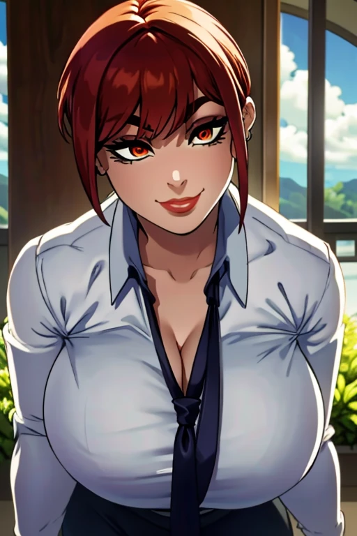  1girl, solo, mole above mouth, earrings, red eyes, jewelry, makeup,  looking at viewer, necktie, red hair, blurry, food, red necktie, stud earrings, mole, blurry background, red lips, nose, day, shirt, upper body, lips, mouth hold, eyeshadow, depth of field, short hair, outdoors, medium hair, big breasts, fat breasts, thick thighs, best quality:1.3), (4K quality) ((detailed face)),((smile)), ((curvy body)), (big breasts), sexy, (( cut hair )),  ((blue sky)), ((leaning forward)), looking at viewer, necktie, white hair, asymmetrical hair, blurry
