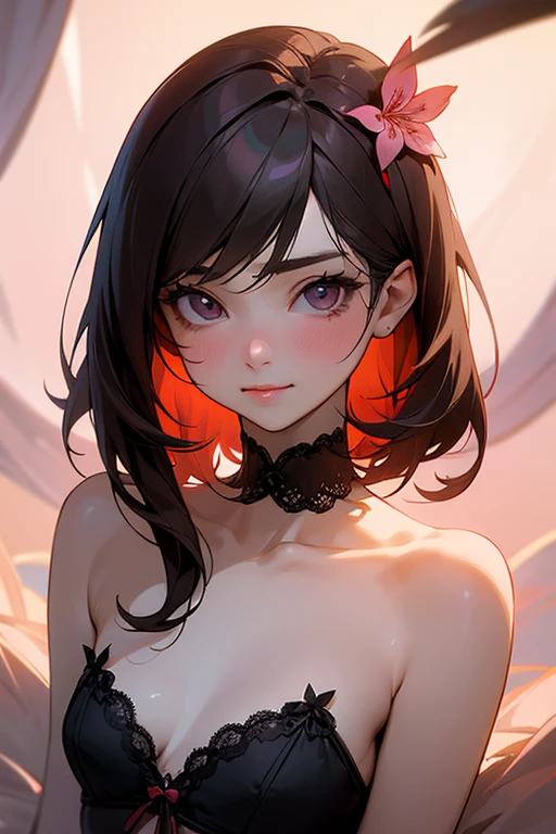 show me your face、Please show me the amount、、kind and beautiful woman, half body photo, delicate and sexy clavicle, attractive oval face, double eyelid, Smart peach blossom eyes, pink lips, small nose, bare shoulders, concentrated face, 顔のクローズup, ultra high resolution, Super detailed, elegant posture, Naughty black and red lace underwear、lure、upward glance、shy smile、up、