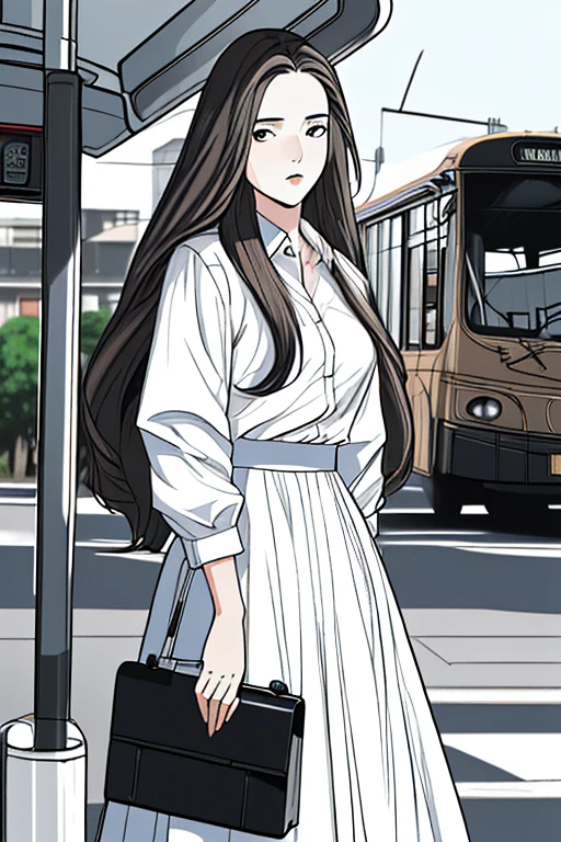 (Ridiculous, high resolution, Super detailed), masterpiece, best quality, 1 female,long hair, shirt,long skirt, Soft Face Features,look up,briefcase,Curious expressions. Bus stop in the background.