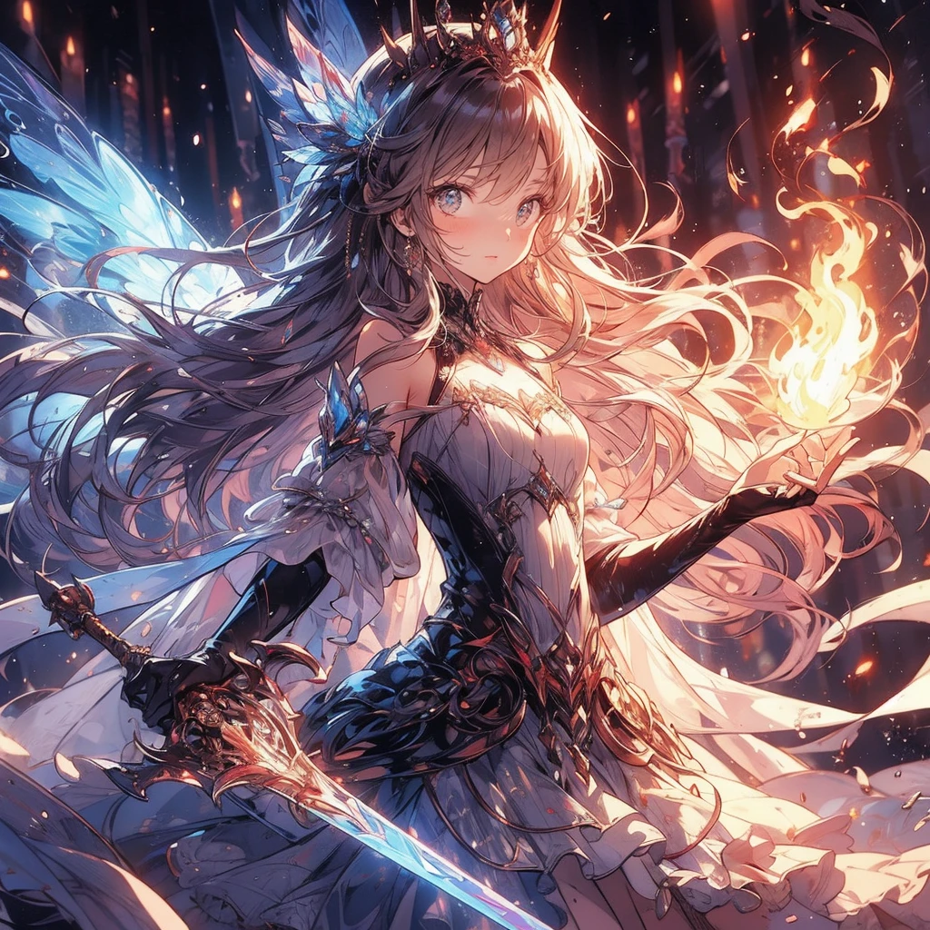 (exquisite, beautiful, very detailed, masterpiece, high quality,High resolution),(soft thin lines:1.2, beautiful and delicate face),In the darkness, a fairy princess knight holds a sword wrapped in flame magic and looks at me.,body whole,from a little far away,butterfly-like fairy wings, The fire is rising,((A red dress with a flame motif,lace and jewels and frills)),(The ends of her hair look like flames,The ends of the hair shine),(earrings,beautifulチョーカー,Gold ankles),(deep pink cheeks,plump pink lips,Fair skin, slim), (serious,battle scene,fantasy),Mature,