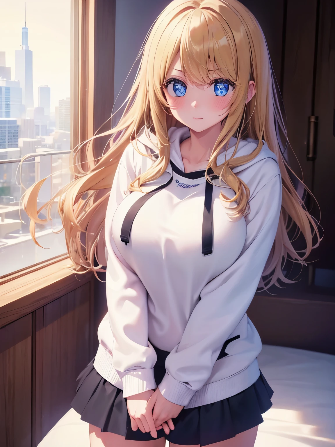 1woman,super beautiful,Morning,Stand up, both hands holding your thighs,hoodie,bow,blush,cute,morning,half body photo,Beautiful eyes, very detailed face,cute,long white hoodie, tennis skirt,HD face, perfect face,black mini skirt,black mini skirt,Very big breasts,Blonde hair,long hair,wavy hair,bangs,blue eyes,ultra detail,ultra Hd, masterpiece,4k