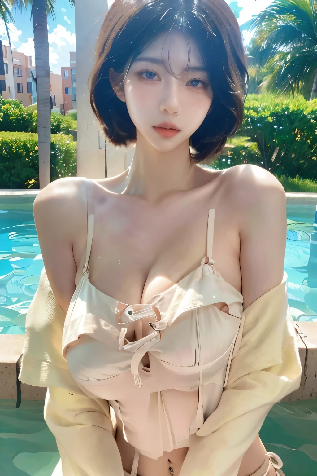 Beautiful woman with perfect body：1.4，layered hairstyle，prominent cleavage，silver bikini：1.5，whole body，Highly detailed facial and skin textures，double eyelids，whiten skin，long hair