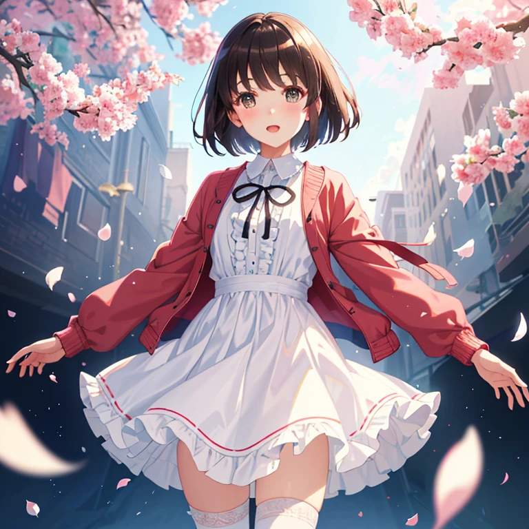 (masterpiece:1.6, highest quality), (fine and beautiful eyes: 1.2),  (Lens flare, particles of light, shine),PhD_Kato, Katouhdlong, alone, brown hair, have, upper limbs, short hair, brown eyes, hat has been removed, dress, took off the hat, white stockings, White dress, Wear a hat, frills太もも, bangs, open your mouth, frills, 赤いJacket, Jacket, zettai ryouiki, petal, ribbon, holding, white hat, blush, panty shot, (Full body Esbian),