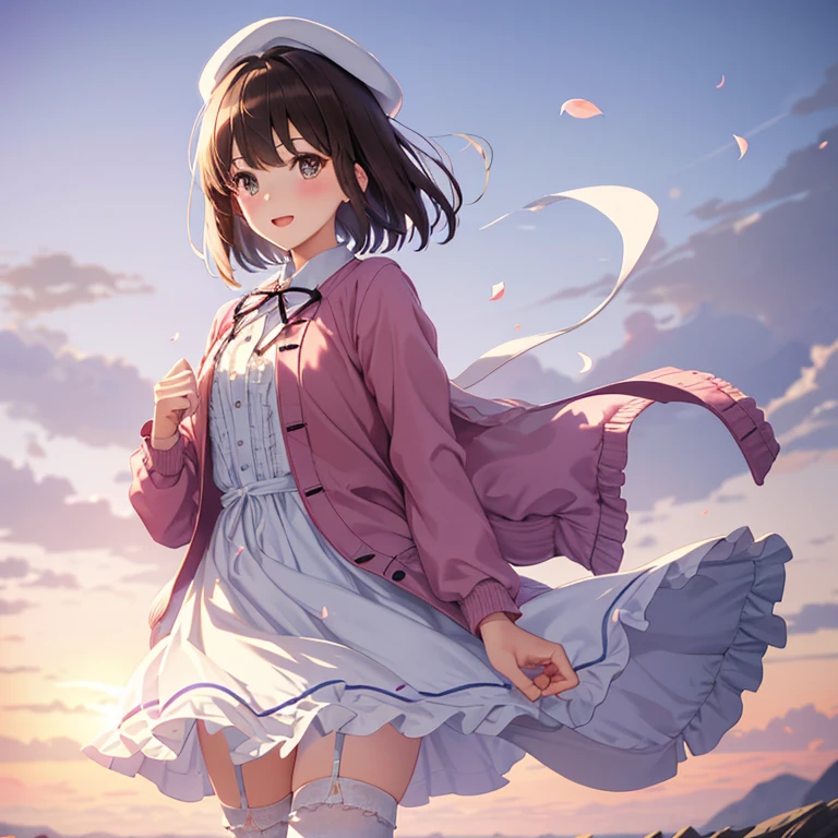 (masterpiece:1.6, highest quality), (fine and beautiful eyes: 1.2), (Lens flare, particles of light, shine),PhD_Kato, Katouhdlong, alone, brown hair, have, upper limbs, short hair, brown eyes, hat has been removed, dress, took off the hat, white stockings, White dress, Wear a hat, frills太もも, bangs, open your mouth, frills, 赤いJacket, Jacket, zettai ryouiki, petal, ribbon, holding, white hat, blush, panty shot, (Full body Esbian),