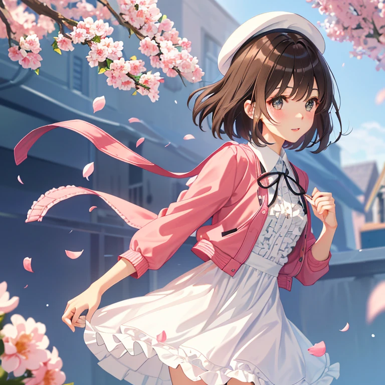 (masterpiece:1.6, highest quality), (fine and beautiful eyes: 1.2), (Lens flare, particles of light, shine),PhD_Kato, Katouhdlong, alone, brown hair, have, upper limbs, short hair, brown eyes, hat has been removed, dress, took off the hat, white stockings, White dress, Wear a hat, frills太もも, bangs, open your mouth, frills, 赤いJacket, Jacket, zettai ryouiki, petal, ribbon, holding, white hat, blush, panty shot, (Full body Esbian),