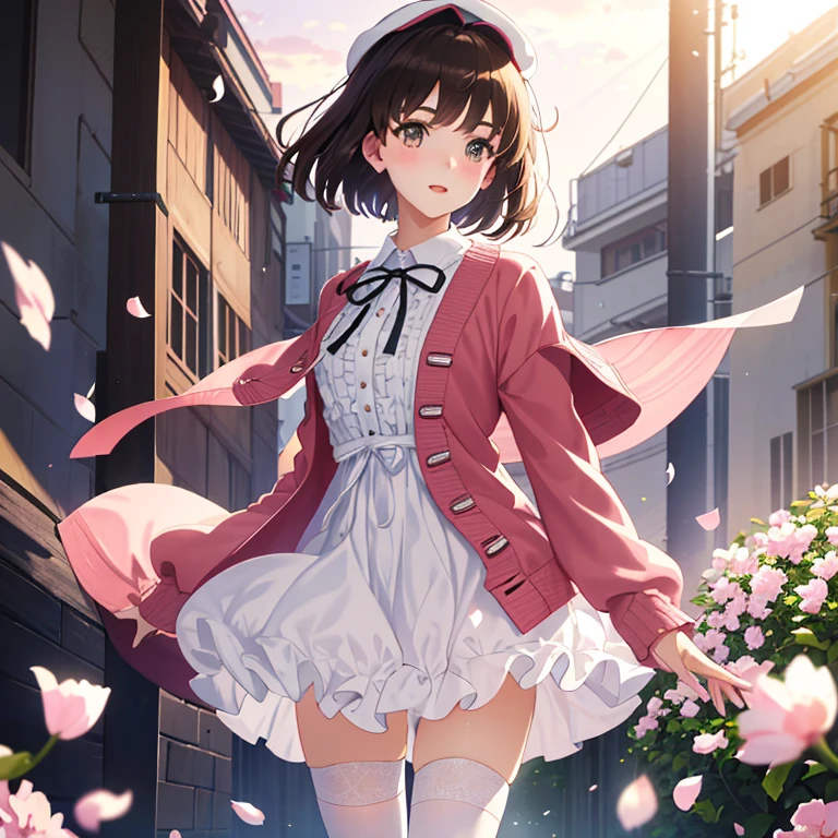 (masterpiece:1.6, highest quality), (fine and beautiful eyes: 1.2), (Lens flare, particles of light, shine),PhD_Kato, Katouhdlong, alone, brown hair, have, upper limbs, short hair, brown eyes, hat has been removed, dress, took off the hat, white stockings, White dress, Wear a hat, frills太もも, bangs, open your mouth, frills, 赤いJacket, Jacket, zettai ryouiki, petal, ribbon, holding, white hat, blush, panty shot, (Full body Esbian),