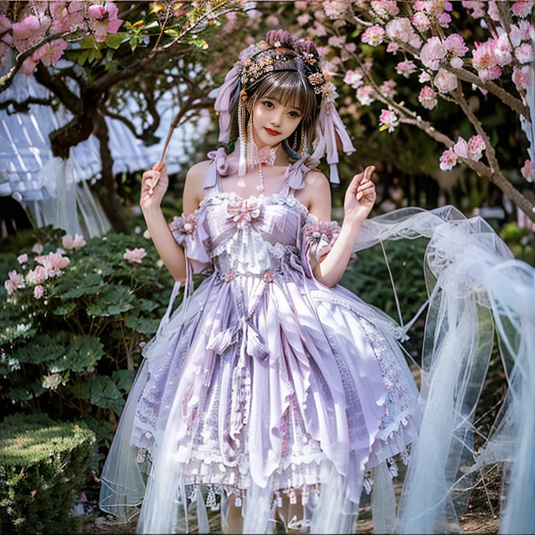 best quality, delicate face,blush, 1 girl, black hair, Long curly hair, blunt bangs, Smile, pink skirt, pink lolita dress, layered skirt, Lolita style long skirt,21 years old female,穿着pink lolita dress(dreamy atmosphere:1.1)、Masterpiece、born、Scenes resembling fairy tale illustrations、huge breasts,hands on hips,Wide cuffs cover hands,whole body,in the garden,The background is the garden,Detailed background