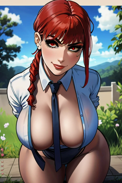  1girl, solo, mole above mouth, earrings, red eyes, jewelry, makeup,  looking at viewer, necktie, red hair, red necktie, stud earrings, mole, red braided  ponytail,  blurry background, red lips, nose, day, shirt, upper body, lips, mouth hold, eyeshadow, depth of field, short hair, outdoors, medium hair, big breasts, fat breasts, thick thighs, best quality:1.3), (4K quality) ((detailed face)),((smile)), ((curvy body)), (big breasts), sexy, ((blue sky)), ((leaning forward)),
