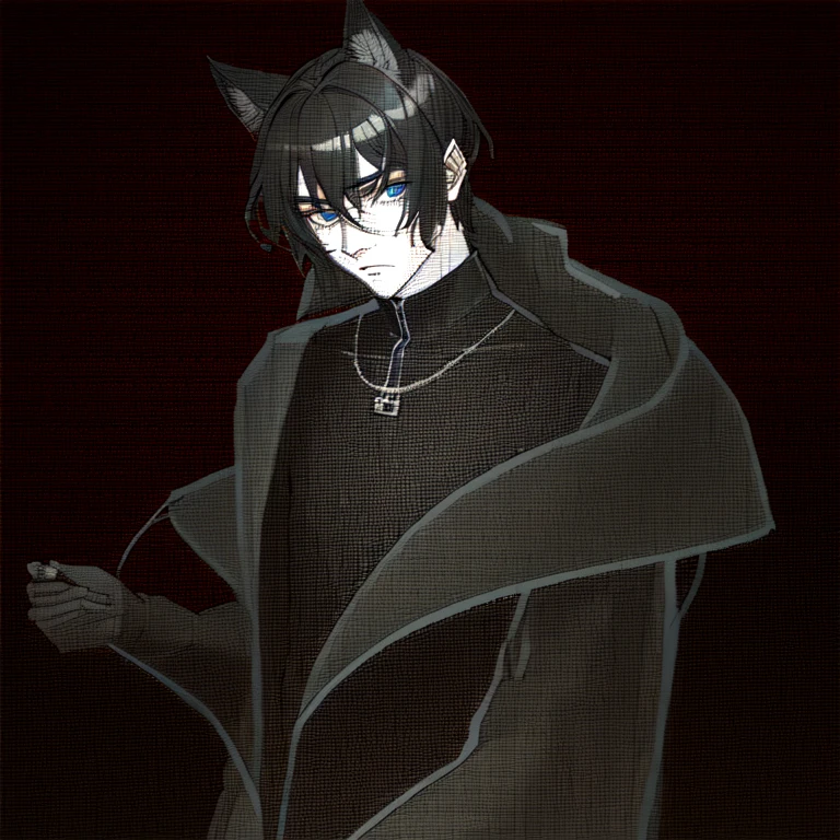 A drawing of a man wearing a jacket with cat ears, Exquisite androgynous prince, beautiful androgynous prince, line drawing, rough art style, horned, line drawing!!, thick line draft, Have a cloak, complex line art, clean lines, Boy with cat ears and tail,