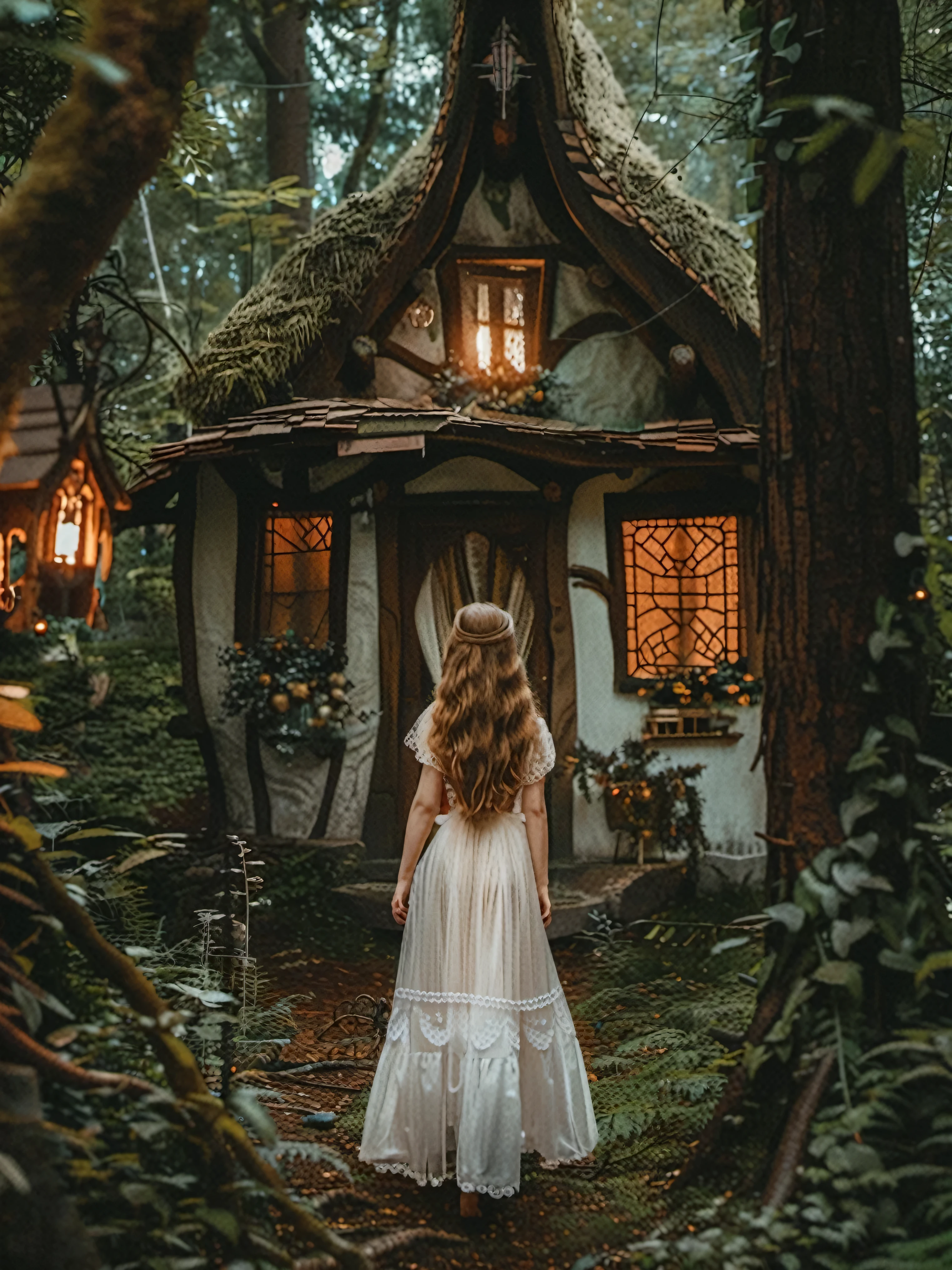 there is a woman walking in front of a small house, in a whimsical fairytale forest, ethereal fairytale, very magical and dreamy, in a magical forest, fairytale forest, witch cottage in the forest, lost in a dreamy fairy landscape, beautiful house on a forest path, fairy tale place, fantasy fairytale story, in the magical forest, in magical woods, fairy aesthetics