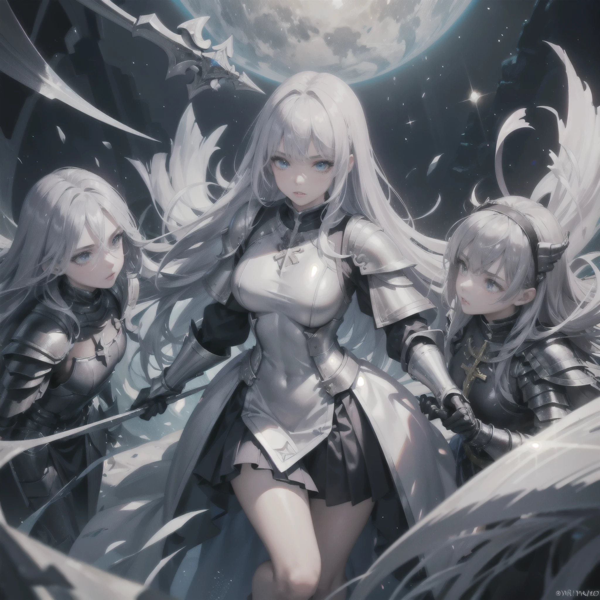 3 girls,,(full body,flame1.5),(maximum resolution: 1.2), (Ultra HDTV: 1.2), cinematic light, Ultra HDTV, (fine eyes and skin), (detailed facial features), , 8K resolution, sharp focus: 1.2, perfect style, beautiful face, perfect body, Accurate, anatomically correct, Highly detailed face and skin texture, fine eyes, dark blue eyes, thin eyebrows, glitter eyeliner: 1.2, natural cheeks, Glossy skin, Fair skin: 1.2, , (glossy lips: 1.4), silver hair, long hair,(Braid :0.4),Wizard、wizard dress black armor,((break silver knight armor)),,((break Cleric)),(Lost City)