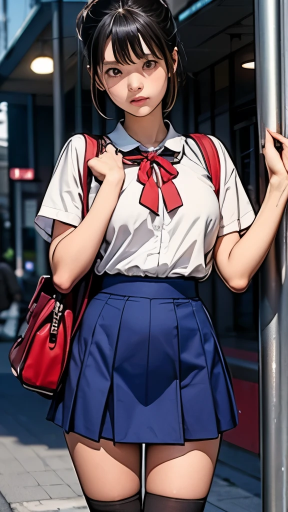 1 girl、Anime School Uniformsを着た可愛い女の子、Idol level cuteness、black bun hair、accurately drawn face、embarrassed look、Slender but big breasts、healthy thighs、Hold your school bag with both hands、Standing at the bus stop、Anime School Uniforms、Navy blue stockings、anatomically correct、precise fingers、exact limbs、fine detailasterpiece、