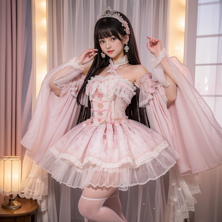 best quality, delicate face，beautiful visual work, lifelike, 2 girls, eternal, black hair, Long curly hair, blunt bangs, Smile, pink skirt, pink ****ta dress, layered skirt, ****ta style long skirt,分層連衣裙 lace-trimmed 裙子, decorate, lace, long sleeve, puff sleeves, wide sleeves, Transparent sleeves, hair accessories, 在flower园里, flower, Detailed background,  delicate face，pink blush，White knee-length socks, Pink shoes，cold，Lots of lace，((​Masterpiece))、(top quality)、8K、high detail、super detailed，21 years old female，穿着pink ****ta dress((dreamy atmosphere:1.1))、Seductive and whimsical style、​Masterpiece、born、Scenes resembling fairy tale illustrations、Intricate details showcase the ruffles and intricate designs of the ****ta dress、beautifully、magic、capricious、 beautifully、Dream aesthetics、「𝓡𝓸𝓶𝓪𝓷𝓽𝓲𝓬、ethereal、charming、fickle、magic」、realism、Visual effect、FXAA、SSAO、shader、voiceless、ambient lighting、Tone mapping、High resolution、ultra high definition、megapixel、(8K resolution:1.10)、8K、Below 8K、8K resolution、high detail、intricate details， (high quality:1.2、​Masterpiece:1.2、:1.21)、(21 years old female:1.21)、(興奮地Smile)、(Surrounded by the dreamy atmosphere、High heel、Model diagram，full-body shot，Knee-high 白色的 lace socks,Sweet ****ta，Normal 2 feet，Pink shoes，Baotou shoes，silver crown tiara，Don't show your fingers，****ta cake dress，Thousand layer skirt，Every layer has lace，The skirt has a hem，cold，big breasts，hands on hips，Wide cuffs cover hands，2 girls