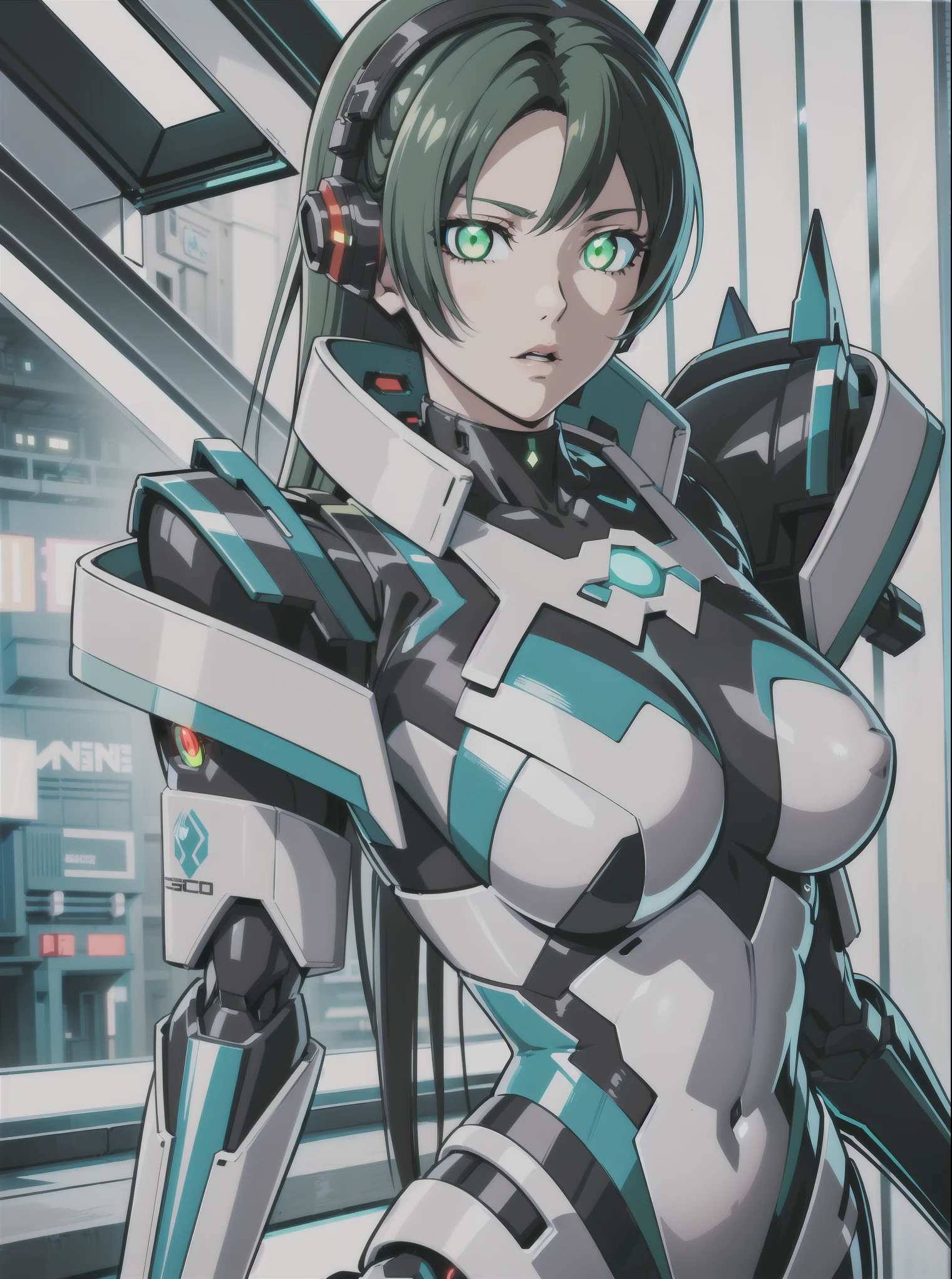 ((Glowing green mechanical eyes:1.3))、Close up portrait of woman in futuristic suit, Girl wearing mechanical cyber armor, cyberpunk anime girl mecha, perfect android girl, Advanced digital anime art, female mecha, digital cyberpunk anime art, detailed digital anime art, Anime robot and organic mixed together, Epic sci-fi character art, Epic sci-fi character art, anime mecha aesthetics