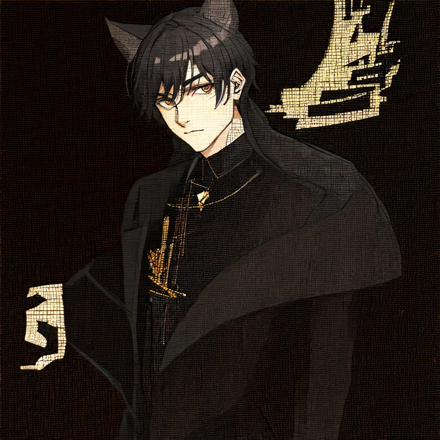 A drawing of a man wearing a jacket with cat ears, Exquisite androgynous prince, beautiful androgynous prince, line drawing, rough art style, horned, line drawing!!, thick line draft, Have a cloak, complex line art, clean lines, Boy with cat ears and tail, 