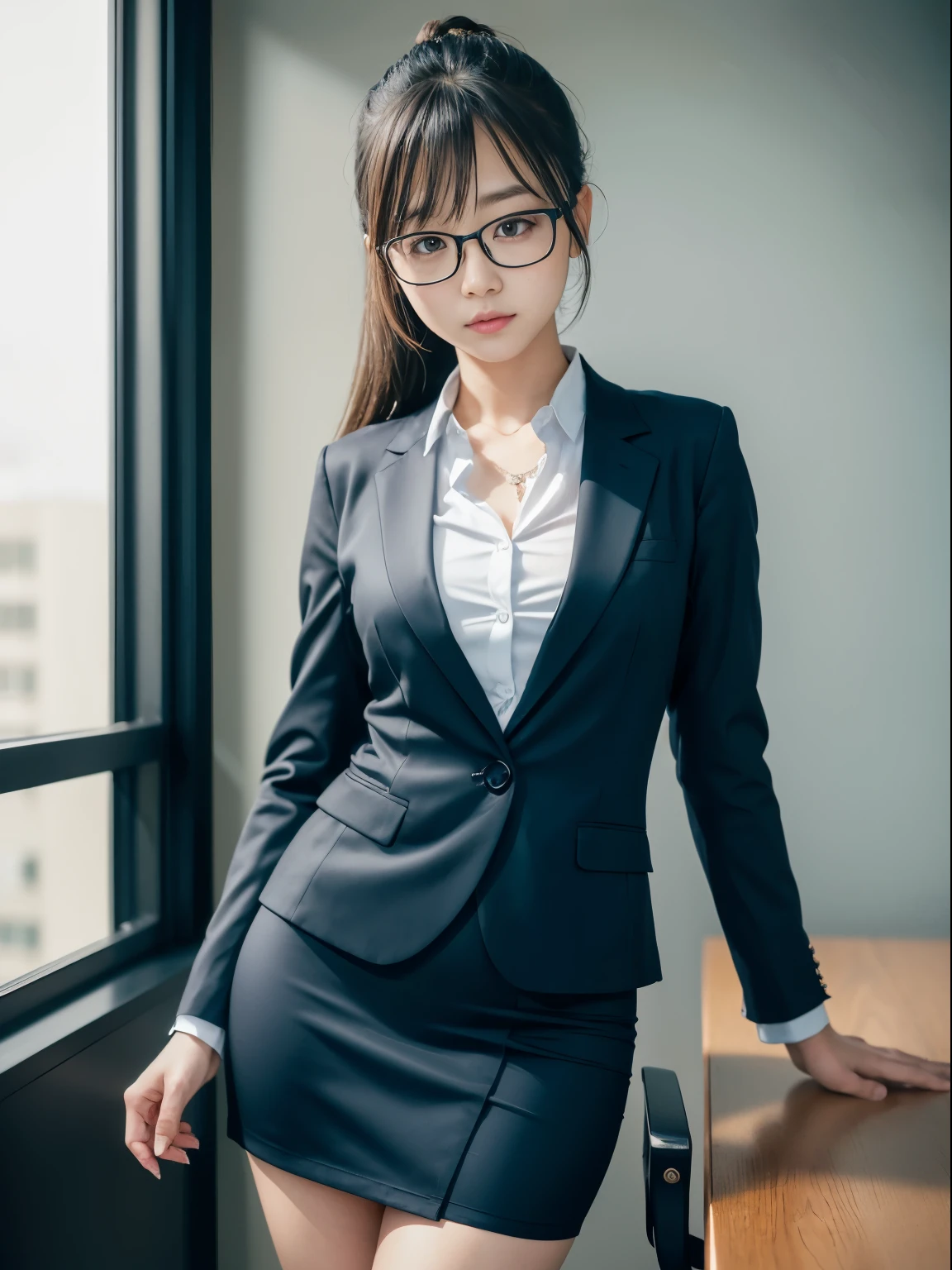one person、solo、A 20-year-old office lady in office uniform poses for a photo shoot、glare、sexy、victory、Tsundere、Saucy、Single knot、OL、suit、blue mini skirt、anger、Small、Small顔、glasses、Slim girl model photo、Body:史上最Smallの美少女、female model、Japanese female fashion model、(8K、RAW photo、Highest image quality、masterpiece:1.2)、(real、photorealistic:1.37)、Ultra high definition、Ultra high definition、Office Street、standing position、whole body、((((SEXY)))