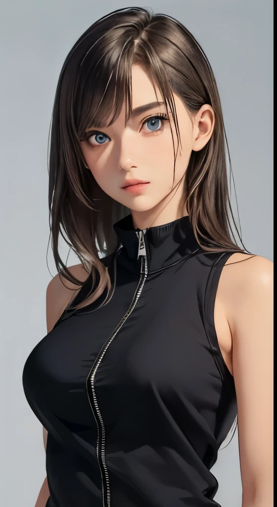 (masterpiece、highest quality、photorealistic、High resolution、photograph、:1.3)、very close up shot、sharp focus、one brunette girl、european girl、hot models、Highly detailed eyes and pupils、real skin、slim body shape、、bust B cup、、highly detailed hair、delicate sexy face、sensual gaze、glossy lips、((Wearing a zip tank top sweatshirt))、((real、超real、realism、realなディテール)、gray background