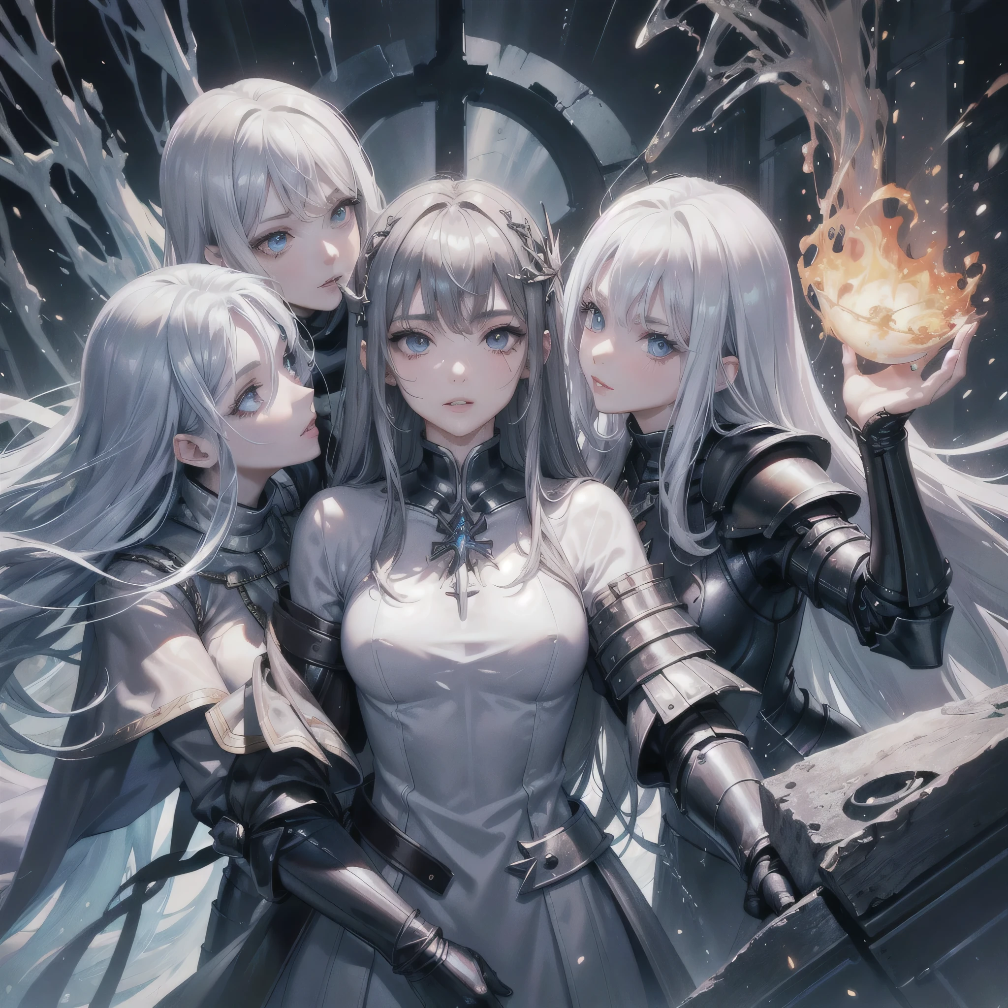 3 girls,,(full body,flame1.5),(maximum resolution: 1.2), (Ultra HDTV: 1.2), cinematic light, Ultra HDTV, (fine eyes and skin), (detailed facial features), , 8K resolution, sharp focus: 1.2, perfect style, beautiful face, perfect body, Accurate, anatomically correct, Highly detailed face and skin texture, fine eyes, dark blue eyes, thin eyebrows, glitter eyeliner: 1.2, natural cheeks, Glossy skin, Fair skin: 1.2, , (glossy lips: 1.4), silver hair, long hair,(Braid :0.4),Wizard、wizard dress black armor,((break silver knight armor)),,((break Cleric)),(Lost City)