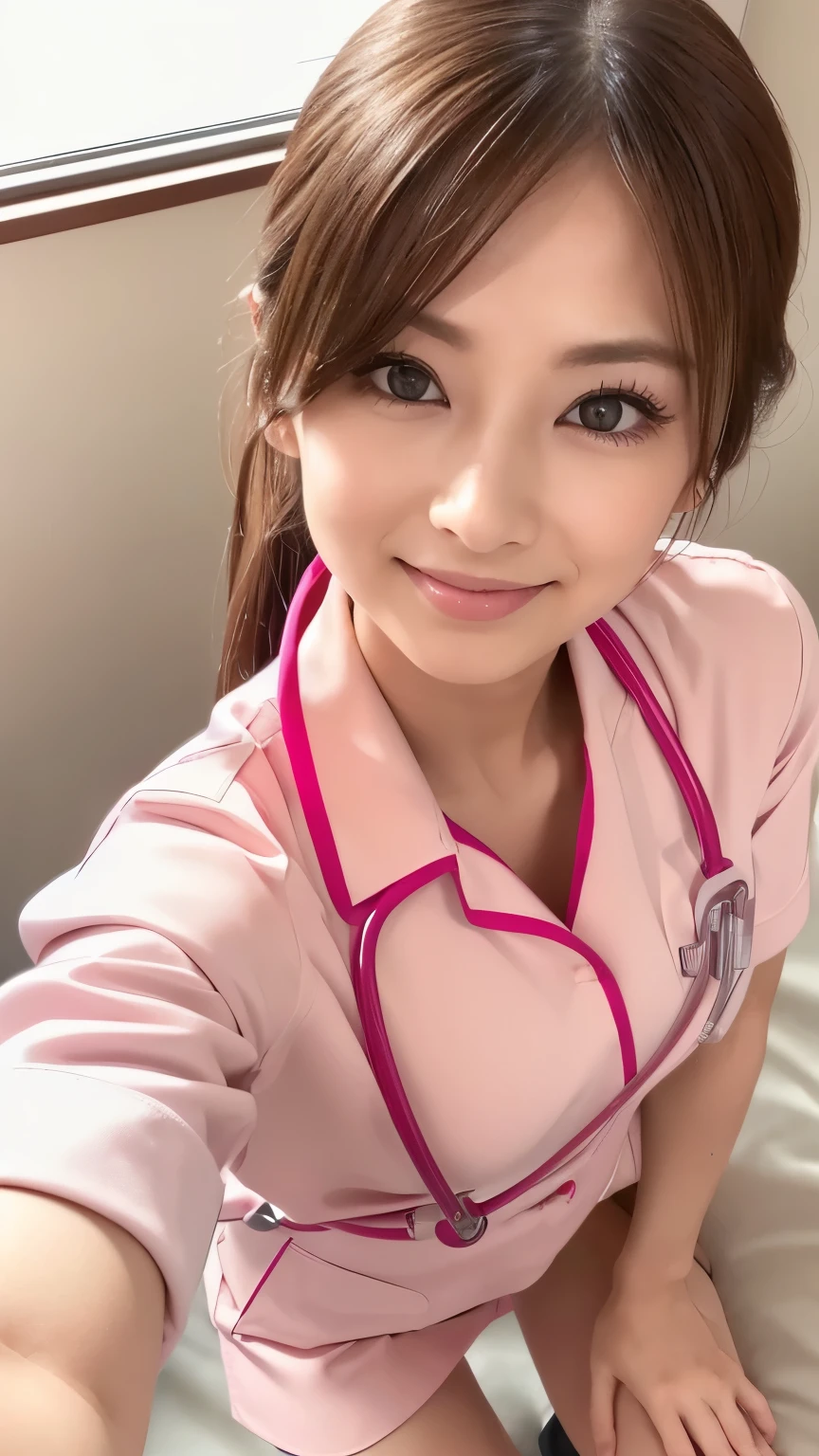 (UHD, masterpiece, anatomically correct, textured skin, super detail, best quality, highres, 8k, bloom, Front Light), (Cute and sexy 24 year old nurse, sexy face, distant eyes, Gentle eyelids, thin eyebrows, Gentle corners of the eyes, beautiful aquiline nose:1.4, completely charm you, Eyes that feel erotic, A taste of beautiful eroticism, Too cute beauty), (brown hair, long hair, straight hair, bangs), (gal makeup, eyeliner, lip gloss), (plump breasts, cleavage:1.4, Slender proportions), (looking at the camera, ,M-shaped spread legs:1.4, sit with your knees up:1.4, bedの上で両足を大きく広げる:1.4, put your hands on your hips:1.4, inner thigh, open both legs:1.4, show panties:1.4, spread the crotch:1.4, shot from above:1.6, extreme close up), (nurse uniform, nurse cap, pink nurse uniform), (hospital, hospital room, bed, Pure white ceiling), smile, Kitagawa Keiko:1.0