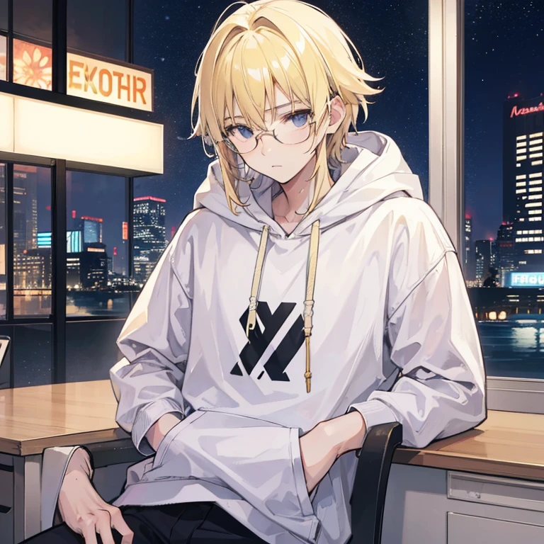 A 22yo man with blonde medium hair, a pair of glasses and white hoodie. On the night