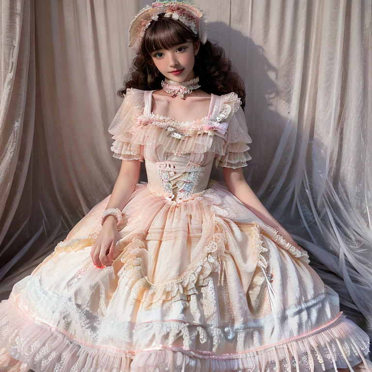 best quality, delicate face，blush， 1 girl, black hair, Long curly hair, blunt bangs, Smile, pink skirt, pink lolita dress, layered skirt, Lolita style long skirt，21 years old female，穿着pink lolita dress(dreamy atmosphere:1.1)、​Masterpiece、born、Scenes resembling fairy tale illustrations、huge breasts，hands on hips，Wide cuffs cover hands，whole body，in the garden，The background is the garden，Detailed background