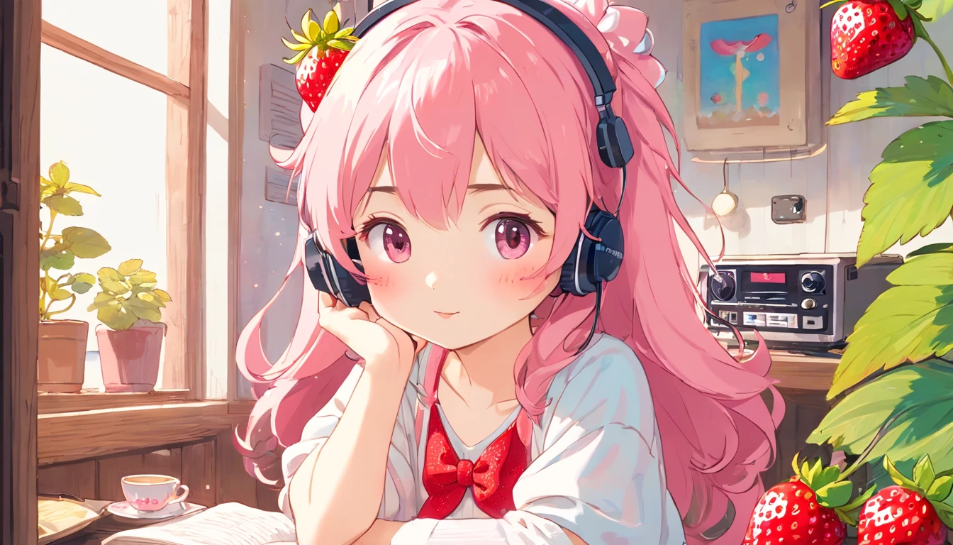 strawberryミルク、strawberryとミルク、perfect body、knee-length skirt、girl wearing headphones、(((Girl's UP)))、(((The girl's face is well visible)))、make many round chicks、((12 years old))、(((cassette tape、radio cassette player、record)))、cute beautiful girl、((Listening to music with headphones on))、machine、Note、computer、light bulb、window、Chair、curtain、retro、(((80s))) Neon color、pastel colour、((Light pink room))、Polka dot pattern、strawberry、80'sパターン、round pattern、square pattern、Cartoon screentones、Dot pattern is applied from above、cooking、chick chick、Cotton candy、candy、(((Get into a rhythm))), (((lofi-art))), Cute white fur ball creature、(((The structure and balance of the face of the human body, objects, and living things are well-balanced without any discomfort.))), (((the fingers of the hand5Book))), (((beautiful and well-shaped body)))、(((Cute and beautiful face)))、(((strawberry、summer、pink and white)))