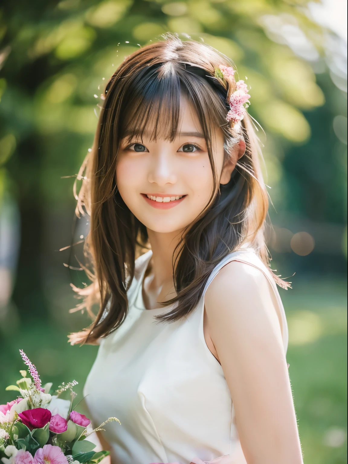 (masterpiece、Highest quality、Official Art:1.2)、Fantasy、Wisteria in full bloom on the wisteria trellis、Summer sunshine、A cute girl looks up and looks at the wisteria.、Cumulonimbus、High resolution、32k、Accuracy、雲はどこLocated inか々Located in、Superior Quality、優れたHigh resolution,Big shy smile ,Peekaboo、Point to your cheek
