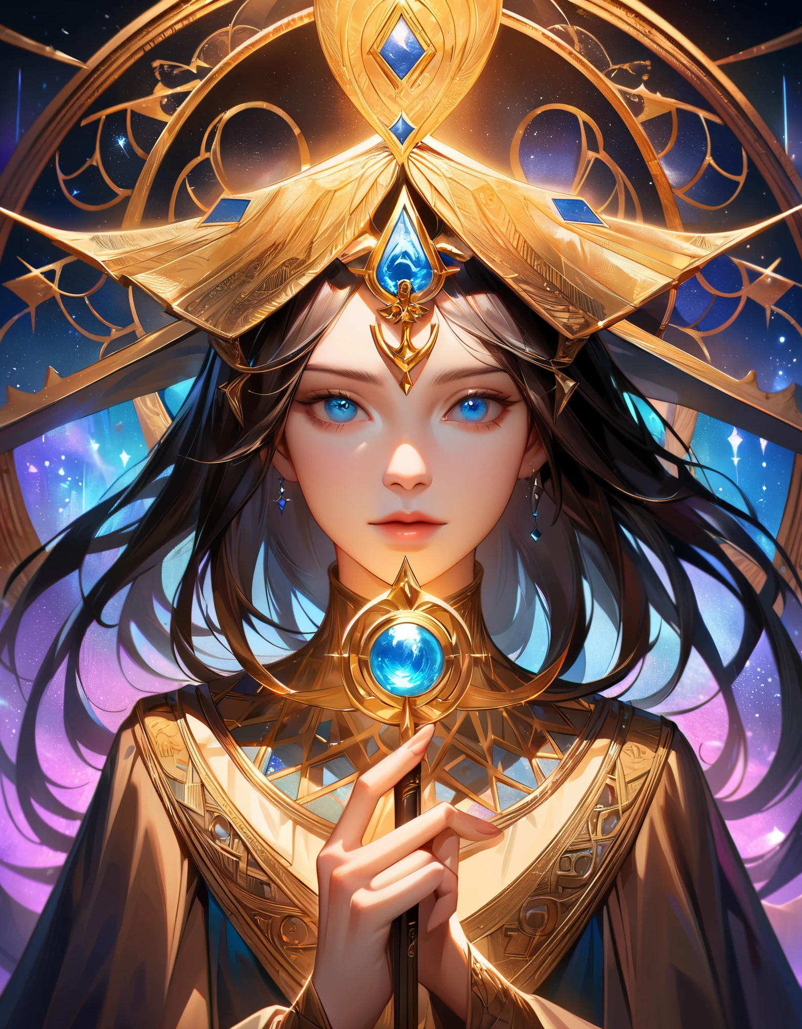 (best quality,ultra-detailed,realistic:1.37),(Tarot Cards:1.2),1girl,illustration,detailed eyes and face,detail of the cards' symbols,rich colors,studio lighting,vibrant atmosphere,classic art style,eye-catching patterns,mystical aura,ethereal background,elaborate design,magical elements,golden accents,deep symbolism,meticulous rendering,emotional expression,unique perspective,mysterious ambiance,hand-drawn details,captivating composition,spiritual guidance,divinatory tool,ancient wisdom,feminine energy,serene beauty,enchanted atmosphere,profound mystery,wisdom and intuition,delicate features,symbolic representations,alluring and enigmatic,engaging storytelling,glimpse into the unknown,insightful interpretation,inspiring imagination,unveiling secrets of the future,unlocking hidden truths,connecting with the divine,unraveling destiny.