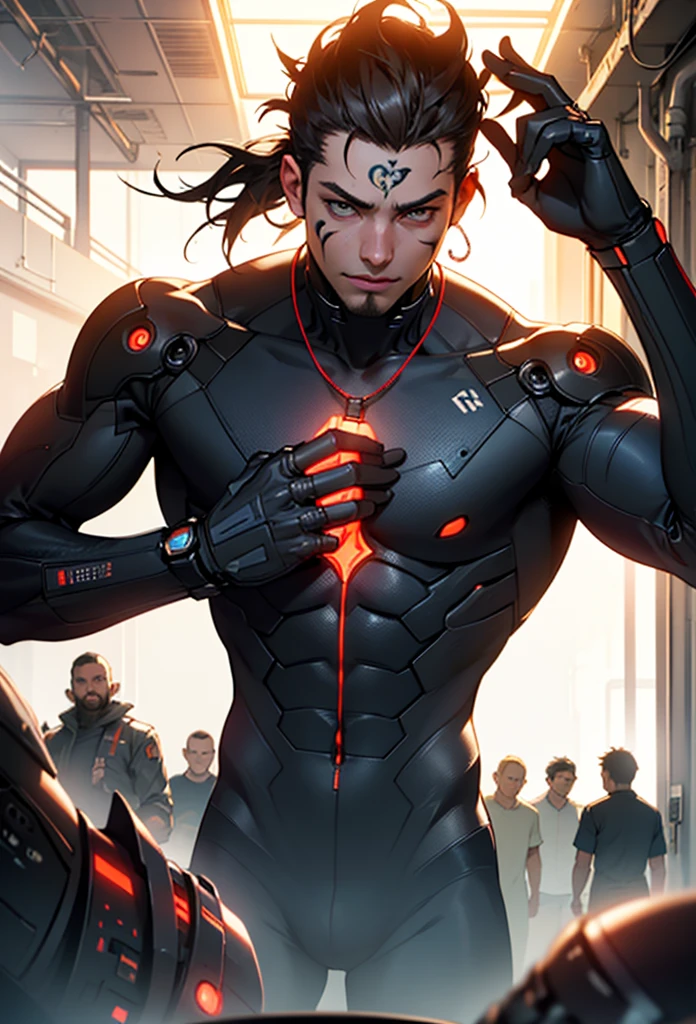 photo realistic,the cyberpunk gang boys,cybernetically enhanced,modified body,atrocious gadget,tatoos, facial implants, cyberware,in abandoned factory,intricate details, depth of field,beautiful lighting, volumetric lighting, dynamic angle, (photographic portrait), sharp,