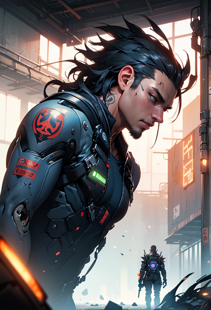 photo realistic,the cyberpunk gang men,cybernetically enhanced,modified body,atrocious gadget,tatoos, facial implants, cyberware,in abandoned factory,intricate details, depth of field,beautiful lighting, volumetric lighting, dynamic angle, (photographic portrait), sharp,