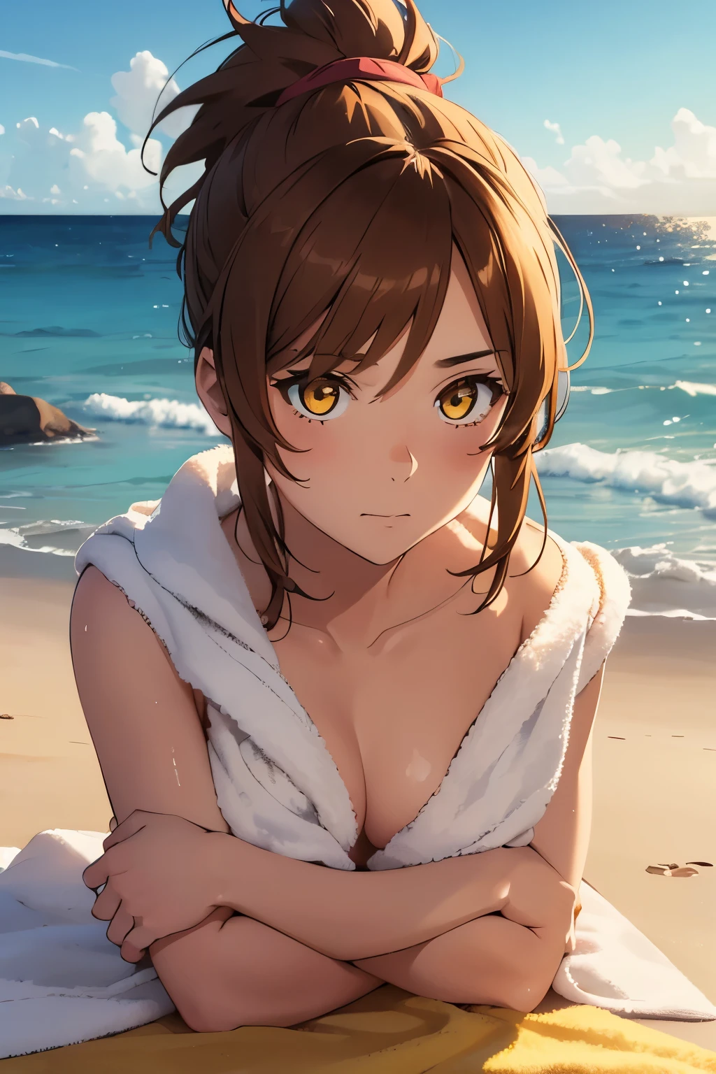 1 girl, marci, brown hair, short ponytail, nude, yellow eyes, detailed eyes, laying on back on the beach, ((covered with towel))