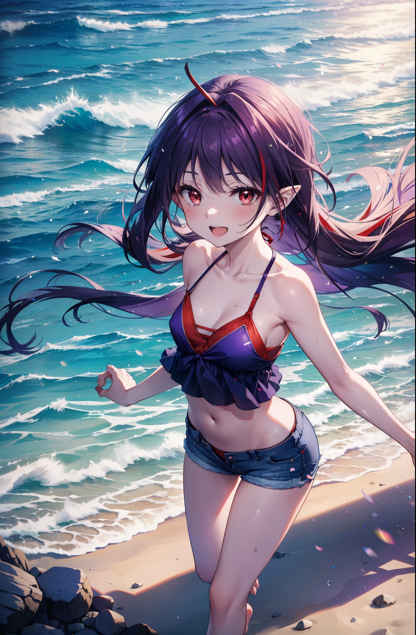 yuukikonno, Yuki Konno, hair band, long hair, pointy ears, purple hair, (red eyes:1.5), (small breasts:1.2),happy smile, smile, open your mouth, open your mouth,Purple bikini swimsuit,short denim pants,barefoot,barefoot,sandy beach,beach,Light of the sun,real summer,
break looking at viewer, Upper body, full body,
break outdoors, beach,
break (masterpiece:1.2), highest quality, High resolution, unity 8k wallpaper, (shape:0.8), (fine and beautiful eyes:1.6), highly detailed face, perfect lighting, Very detailed CG, (perfect hands, perfect anatomy),