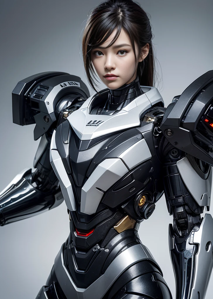 Textured skin, Super Detail, high details, High quality, Best Quality, hight resolution, 1080p, hard disk, Beautiful,(Terminator),beautiful cyborg woman,Mecha Cyborg Girl,Battle Mode,Girl with a Mecha Body,She wears a battle cyborg mech with a weapon,Fulll body Shot