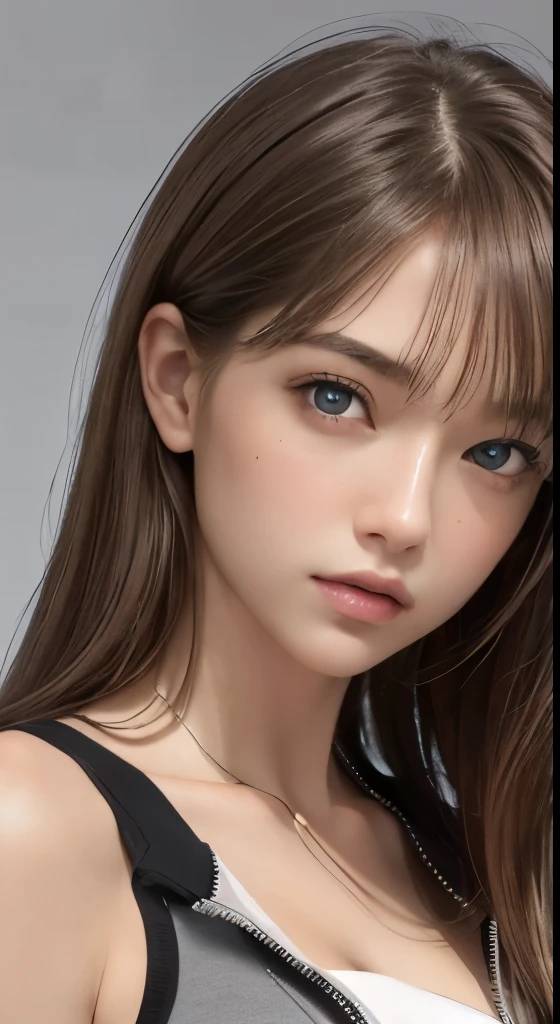 (masterpiece、highest quality、photorealistic、High resolution、photograph、:1.3)、very close up shot、sharp focus、one brunette girl、european girl、hot models、Highly detailed eyes and pupils、real skin、slim body shape、cleavage、highly detailed hair、delicate sexy face、sensual gaze、glossy lips、((Wearing a zip tank top sweatshirt))、((real、超real、realism、realなディテール)、gray background