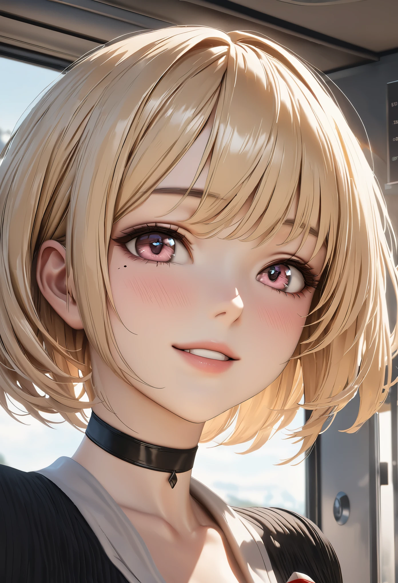 highest quality, highest quality, Super detailed, High resolution, High resolution, HDR, 4k, 8K, unity 8k wallpaper, Detailed CG, masterpiece, realistic, photorealistic, 2D, 3D, beautiful details, depth, fine texture , super fine: 1.3, Fully focused, Crispy.skin, .A very cute anime girl with blonde short hair in a stewardess outfit, her name is claire,smile, one girl, alone, blonde short hair,  garden、Squirting、meeting、a mole under her eyes, looking at the viewer, denim miniskirt and black jumper、 blush, mole,  parted lips,  pink eyes, choker