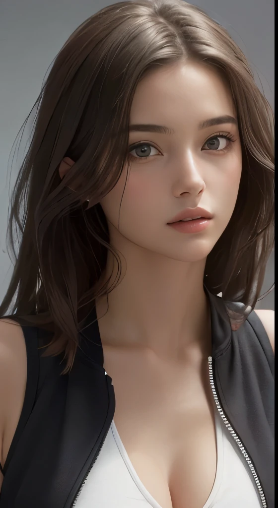 (masterpiece、highest quality、photorealistic、High resolution、photograph、:1.3)、very close up shot、sharp focus、one brunette girl、european girl、hot models、Highly detailed eyes and pupils、real skin、slim body shape、cleavage、highly detailed hair、delicate sexy face、sensual gaze、glossy lips、((Wearing a zip tank top sweatshirt))、((real、超real、realism、realなディテール)、gray background
