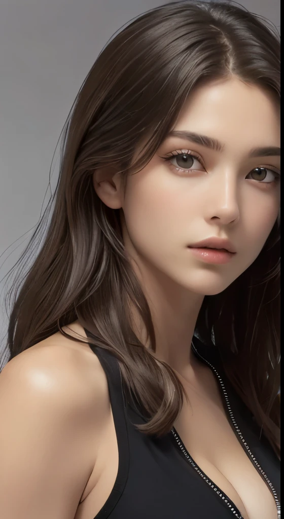 (masterpiece、highest quality、photorealistic、High resolution、photograph、:1.3)、very close up shot、sharp focus、one brunette girl、european girl、hot models、Highly detailed eyes and pupils、real skin、slim body shape、cleavage、highly detailed hair、delicate sexy face、sensual gaze、glossy lips、((Wearing a zip tank top sweatshirt))、((real、超real、realism、realなディテール)、gray background