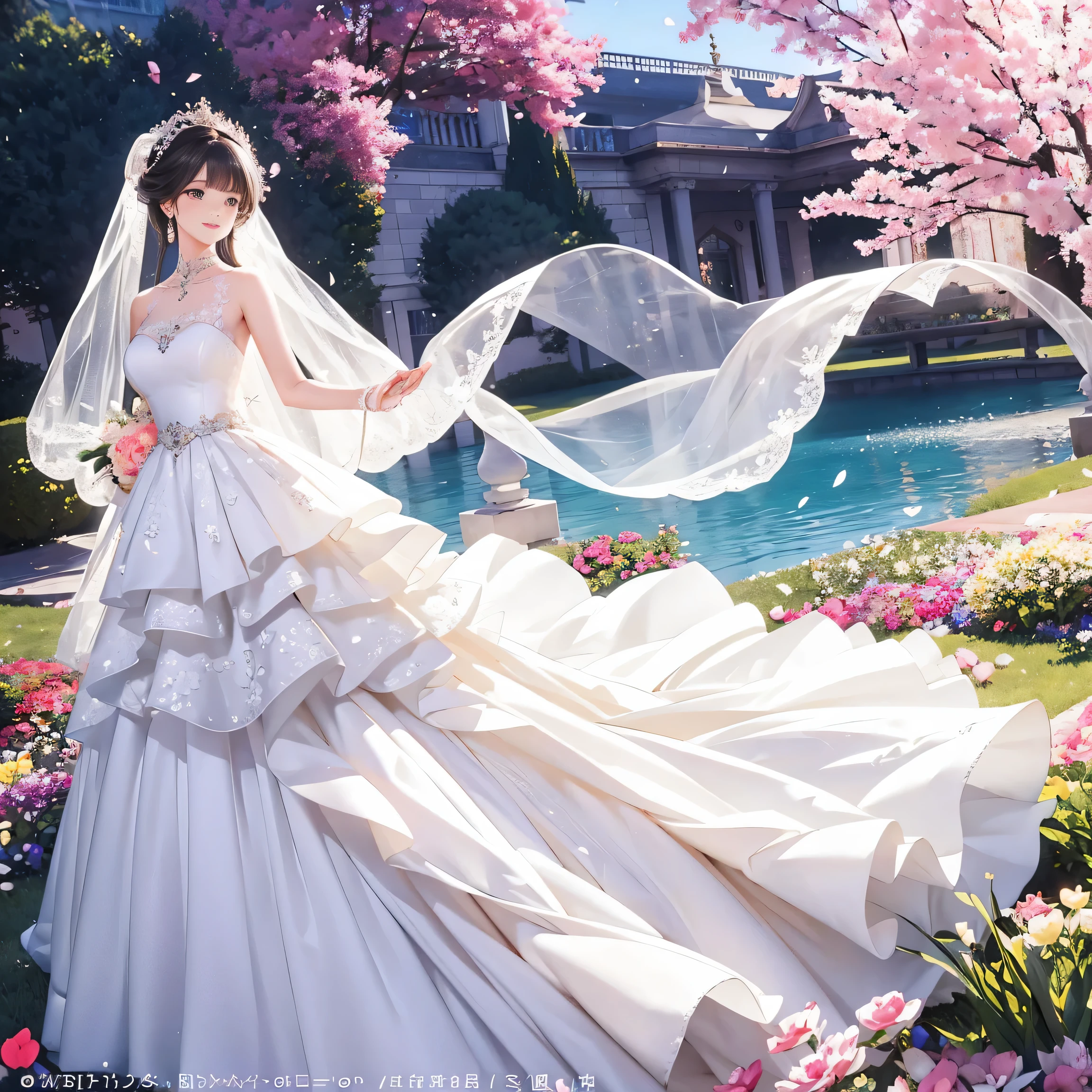 Elegant trailing wedding dress fluttering in the breeze，exudes a romantic atmosphere。Meticulously capturing every fold and flowing line，Showcasing the exquisite details and unique designs of wedding dresses。This digital artwork showcases the elegance of a wedding dress with a train，Adds a dreamy touch to the wedding moment