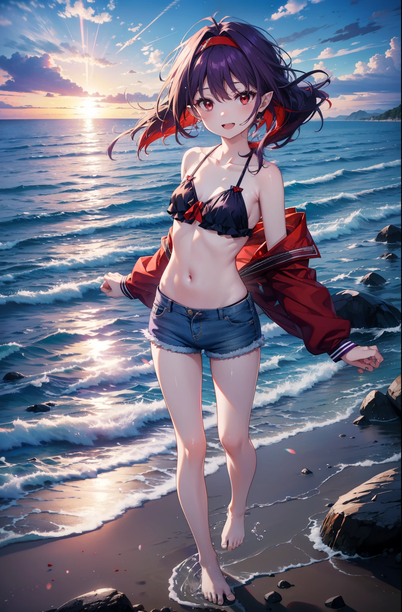 yuukikonno, Yuki Konno, hair band, long hair, pointy ears, purple hair, (red eyes:1.5), (small breasts:1.2),happy smile, smile, open your mouth, open your mouth,Purple bikini swimsuit,short denim pants,barefoot,barefoot,sandy beach,beach,Light of the sun,real summer,
break looking at viewer, Upper body, full body,
break outdoors, beach,
break (masterpiece:1.2), highest quality, High resolution, unity 8k wallpaper, (shape:0.8), (fine and beautiful eyes:1.6), highly detailed face, perfect lighting, Very detailed CG, (perfect hands, perfect anatomy),