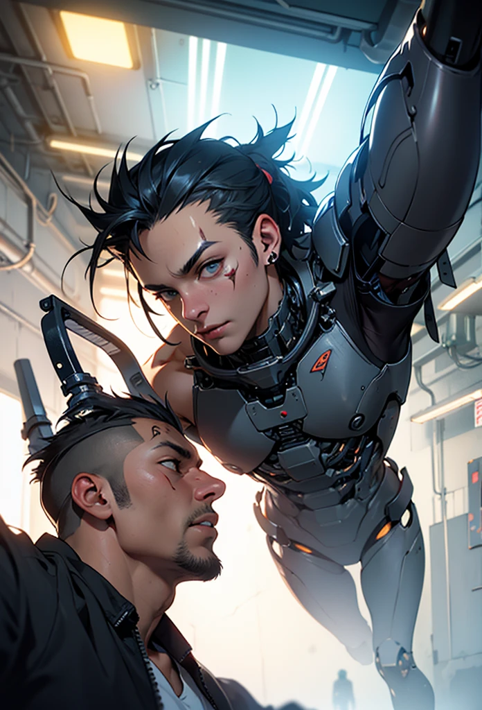 photo realistic,the cyberpunk gang men,cybernetically enhanced,modified body,atrocious guns,tatoos, facial implants, cyberware,in abandoned factory,intricate details, depth of field,beautiful lighting, volumetric lighting, dynamic angle, (photographic portrait), sharp,
