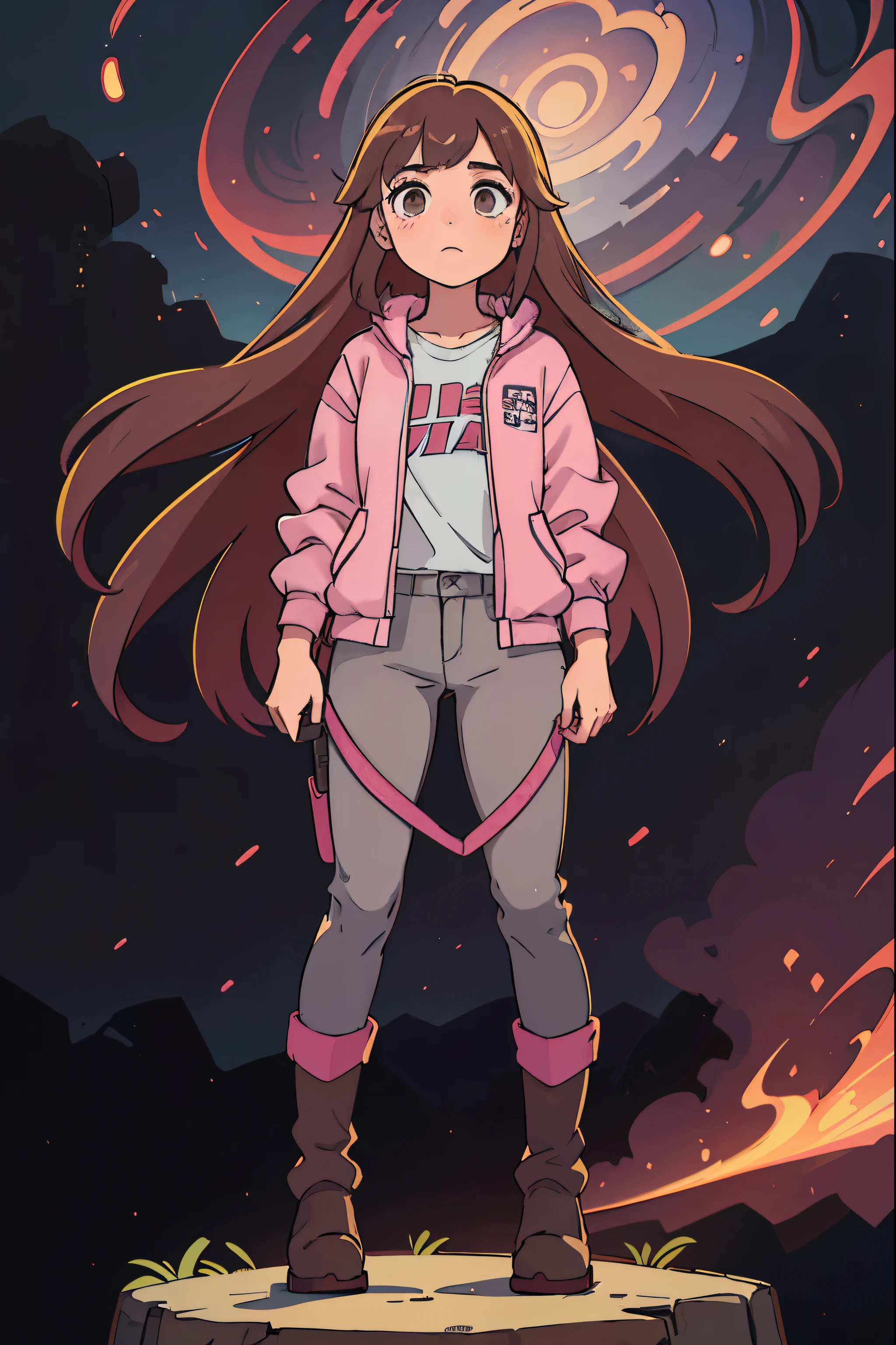 13 year old girl. long brown hair. brown eyes. wearing pink and gray clothes. wearing boots. wearing gray pants. standing straight. facing forward. arms at the side. whole body can be seen. cosmic light background.