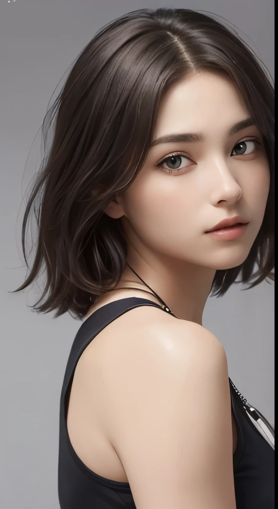 (masterpiece、highest quality、photorealistic、High resolution、photograph、:1.3)、very close up shot、sharp focus、one brunette girl、european girl、hot models、Highly detailed eyes and pupils、real skin、slim body shape、cleavage、highly detailed hair、delicate sexy face、sensual gaze、glossy lips、((Wearing a zip tank top sweatshirt))、((real、超real、realism、realなディテール)、gray background