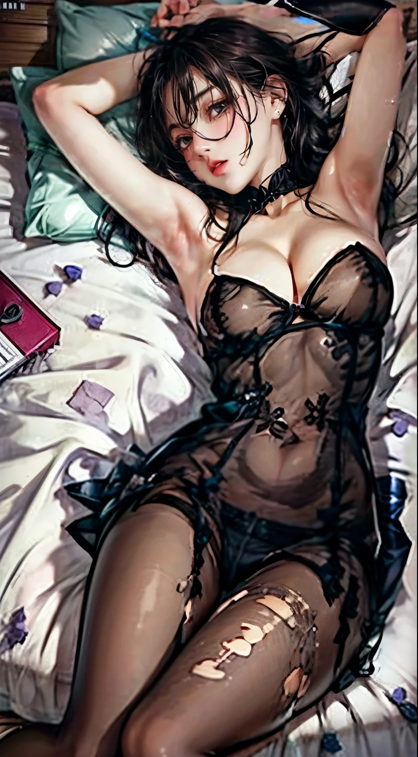 1 girl，在bedroom里，girl lying on bed，(best quality, masterpiece:1.2), Perfect body, slim waist, nice breasts, jumpsuit，（No underwear）tight hip skirt，（black pantyhose），黑丝jumpsuit，bedroom， energetic，golden ratio,[:(Have detailed faces:1.2):0.2]:，Pure love face_v1，On the bed，Close-up shot，(best quality, masterpiece:1.2), Perfect body, slim waist, tight hip skirt，Lace-wrapped hip skirt，Torn top，full body portrait，back view，Top sheer，（Perspective 1.2），（Soft quilt），