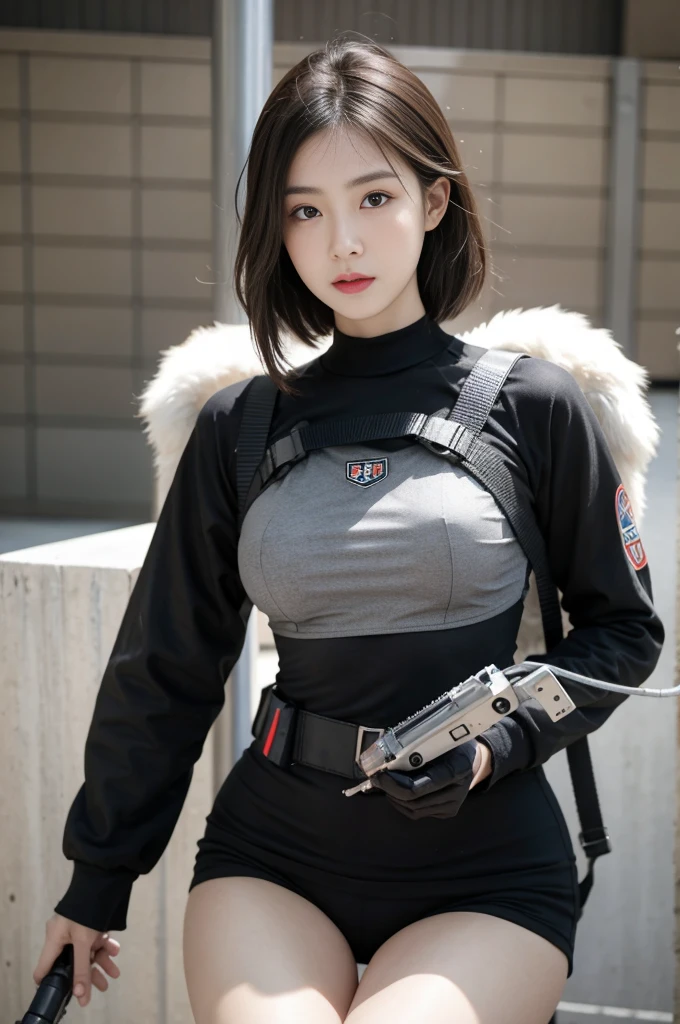 Highest image quality, outstanding details, ultra-high resolution, (realism: 1.4), ((close up:0.75)), highly condensed 1 lady, with beautiful and a delicate face, perfect proportion, aiming the viewer, ((aiming the viewer)), (chubby:0.3, small breasts), (cloths color base ratio black:0.4 white:0.5 other-color:0.1), (wearing rash-guard likes police uniform, black and gray mecha, wearing high-tech heavy gasmask, military harness, holding a machinegun, carrying hich-tech-flamethrower -tank on back), captain, background concrete gray wall,