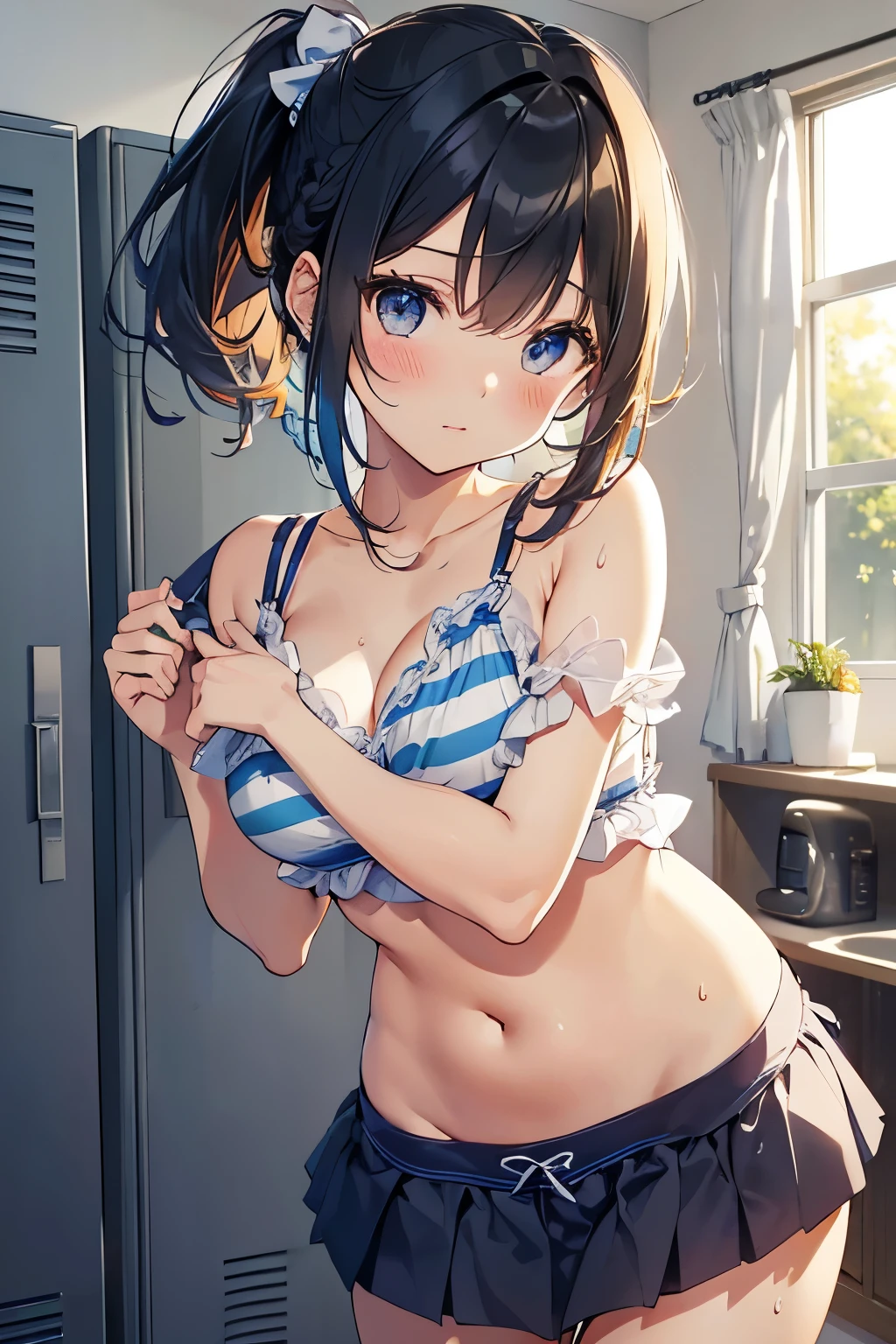 (highest qualityのイラスト:1.2), (cute girl:1.1), (1 girl, solo:1), (2 girls、8-year-old、、、small、cute、cute、small胸、highly detailed eyes:1.2)、(lily、kiss、hug from behind、Grab、eyes half closed、eye contact:1.Sweat、hugged、blush:1.1)、 break White Bra、ピンクのgood、blue bra、Green bra、gray bra、light gray bra、 striped bra、水玉模様がgood、goodチェック柄、cute、good、kids good、sporty、camisole、cotton panties、school skirt、blake black hair、blue hair、brown hair、extra belly short hair、short hair、middle hair、hair length、wavy hair、curly hair、light pink braided hair、princess cut、bob cut、twin tails、低いtwin tails、ponytail、ライトブルーのローponytail、break(locker room:1.2)、(evening、evening、orange sunlight:1.2)、 break(highest quality、super detailed、very detailed and beautiful、超A high resolution、arm details:1.2)、NSFW beautiful pool