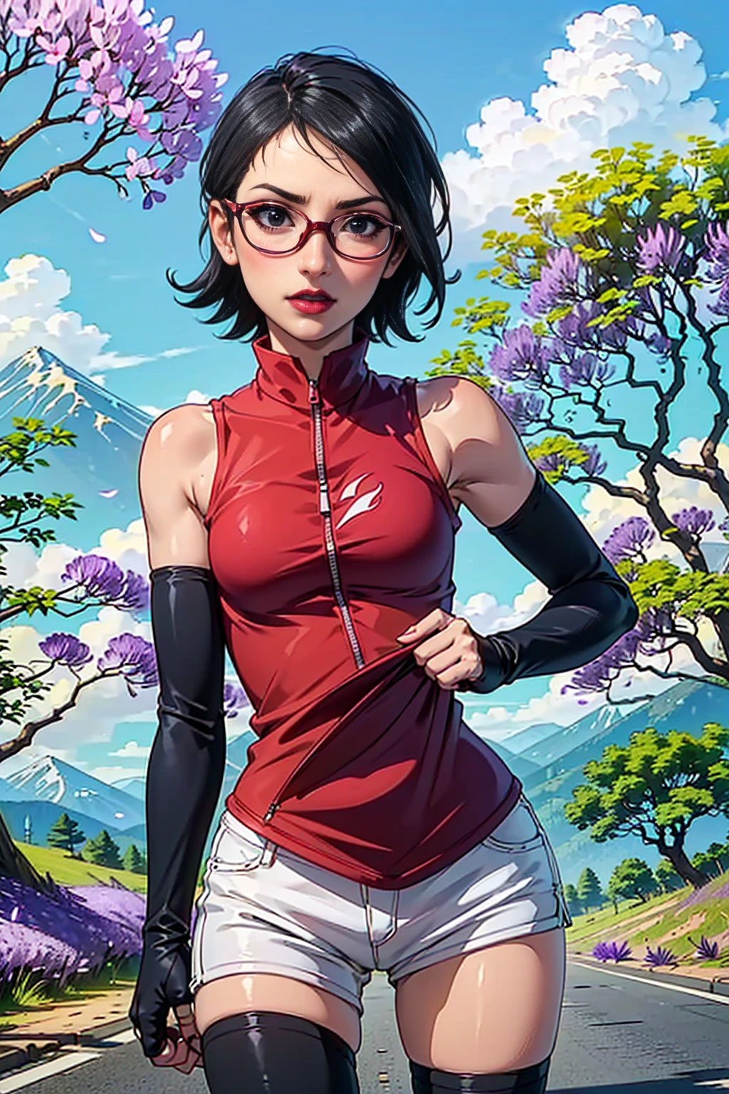 Sarada Uchiha, high quality 4K masterpiece, detail every part specifically, Red blouse, medium breasts, short short , stage in a forest, glasses, short hair, hands up so the armpits are visible, sweat covering the entire body, sweaty from the hot day in the forest, echii gesture on her face , both my hands above armpits 