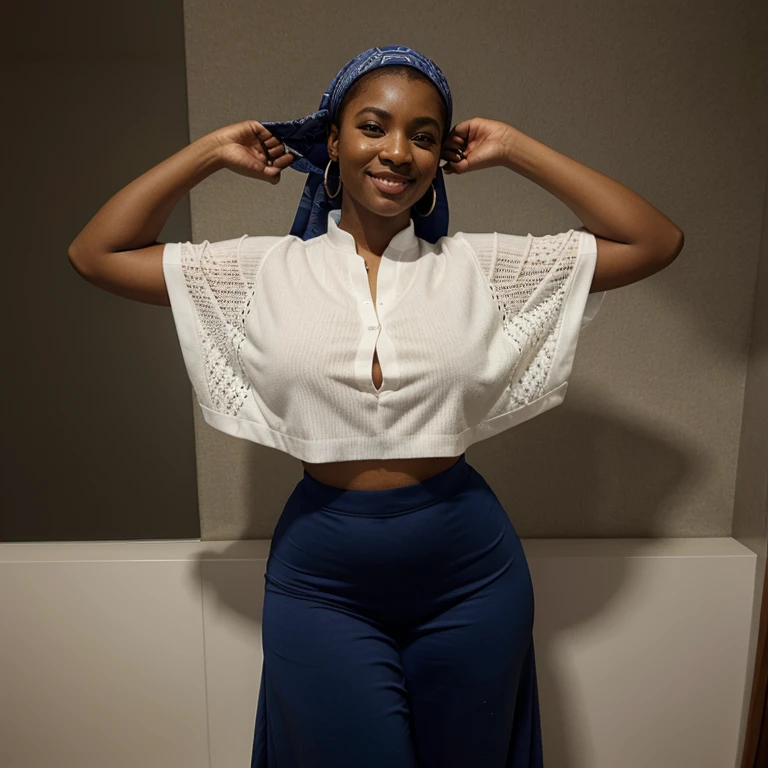 ultra realistic, femme noire, grosse, souriante, dressed in a boubou, position danse.